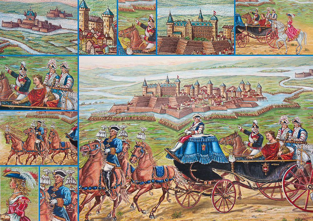 Foto des Wandbildes mit Detailaufnahmen, Darstellung des Kaisers und seines Gefolges mitsamt Kutsche, im Hintergrund die Festung